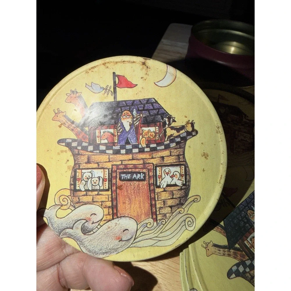 Vtg Set of 6 Noah's Arc Metal Coaster with Cork Back Set in Tin Container 1999